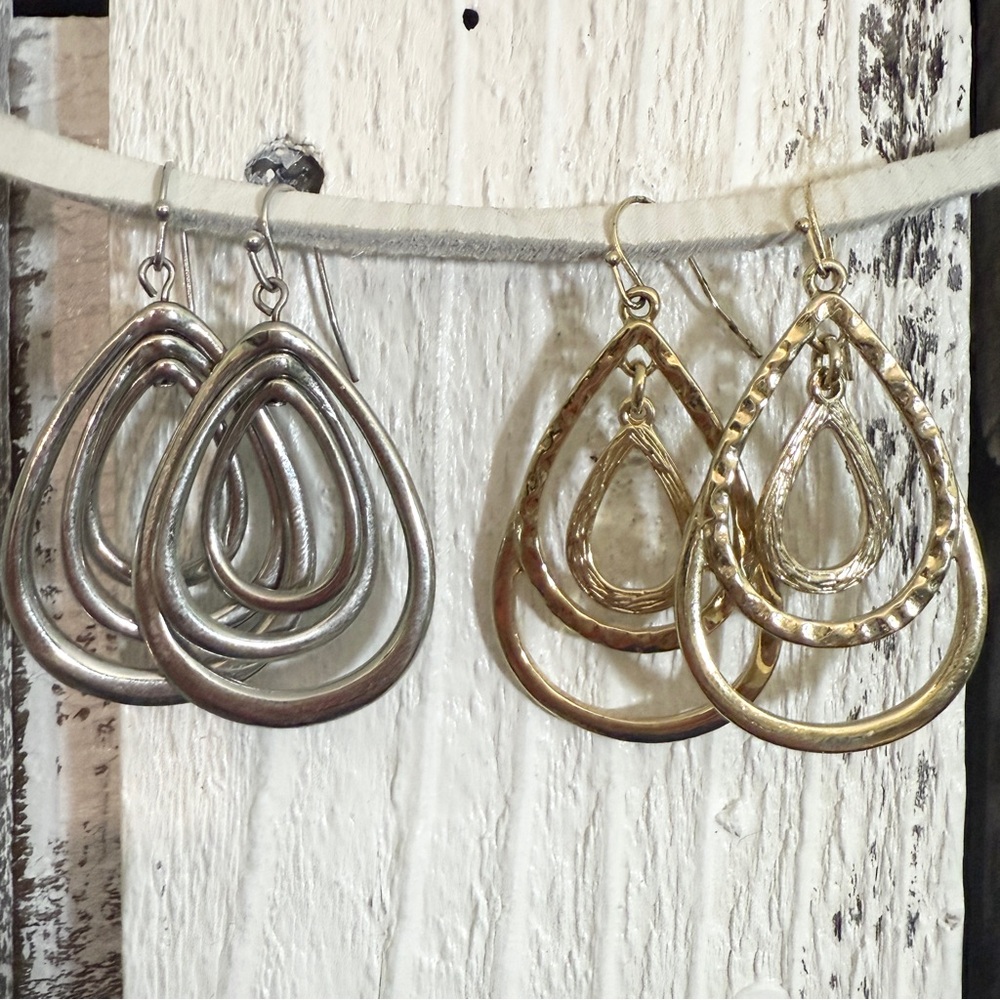 2 Pairs Triple Teardrop Dangle Earrings Gold & Silver Tone 2” Fishhook Versatile